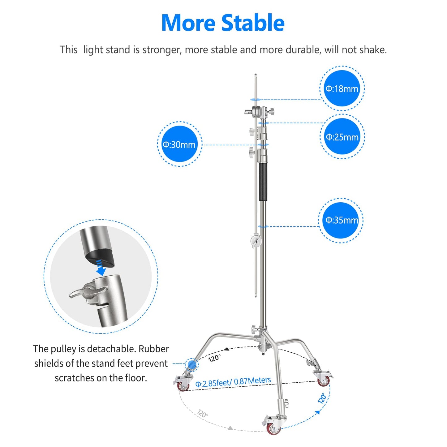 NEEWER Pro 100% Metal C Stand Light Stand with Wheels, Max. Height 10.8ft/330cm Adjustable Reflector Stand with 4ft/120cm Boom Arm & 3 Pulleys for Photo Studio Video Reflector, Monolight, etc
