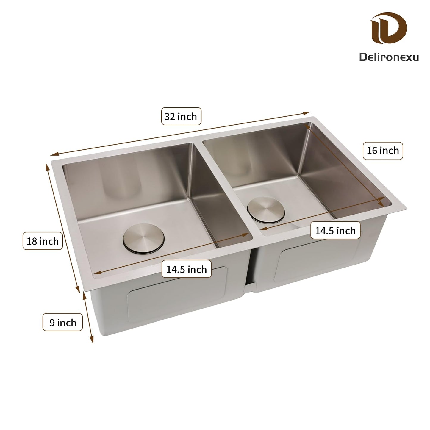 32 Inch Double Bowl Kitchen Sinks Undermount – Delironexu 16 Gauge Stainless Steel Kitchen Sink Double Bowl, 32x18 Undermount Kitchen Sink with Brushed Finish, 50/50 Double Sink