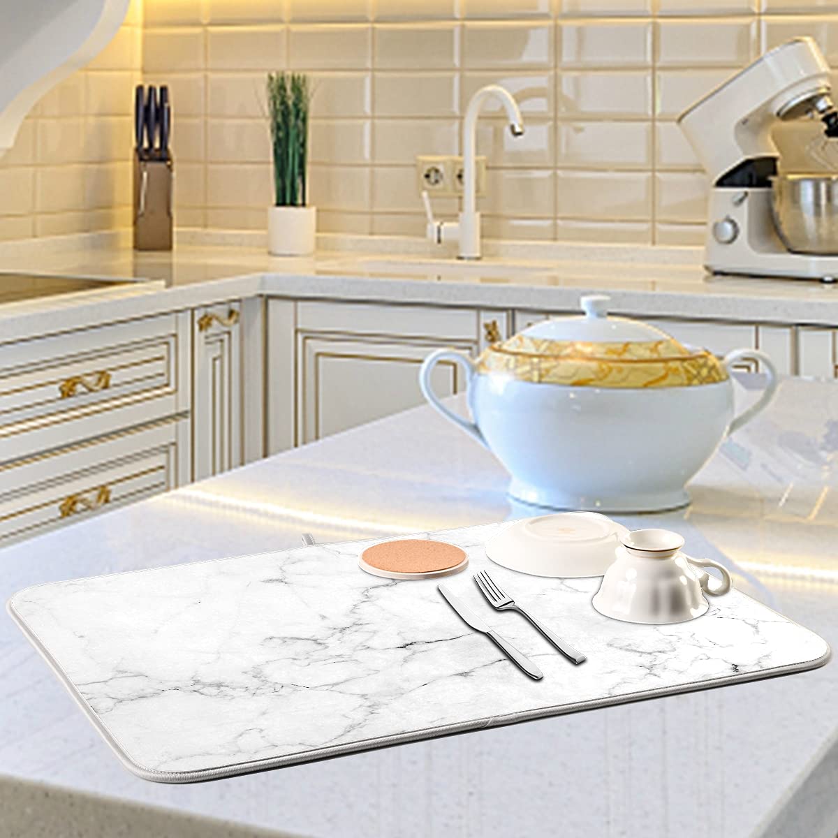 Absorbent Dish Drying Mat for Kitchen Counter - Marble Print Microfiber Drying Pad, Reversible Drainer Mats for Countertop, Large 18 x 24 inch