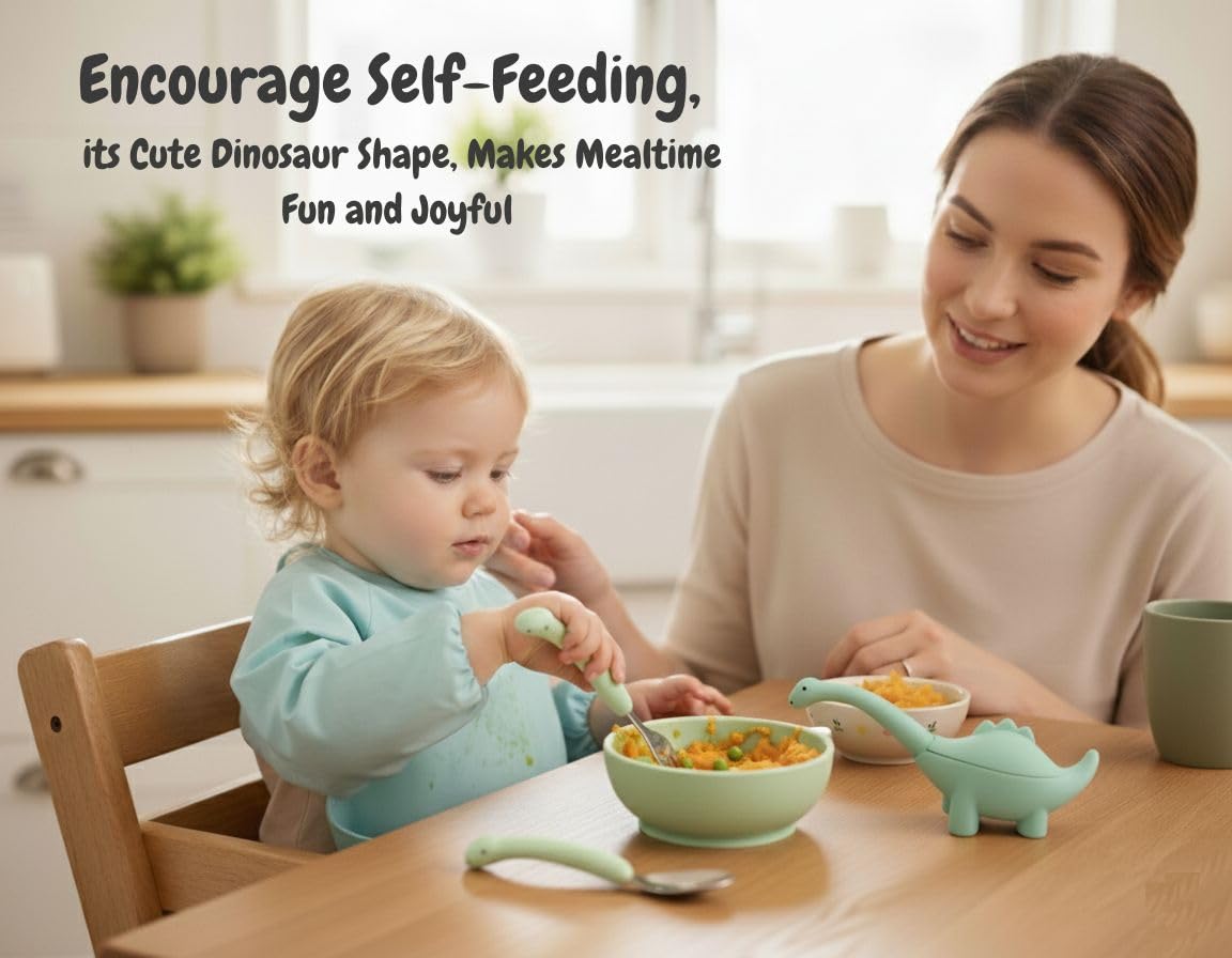 Baby Fork and Spoon Set, Cute Dinosaur Shape Premium Stainless Steel Silicone Toddler Utensils, Encourage Self Feeding, Playful & Fun, Safe, BPA Free, Easy Grip, Dishwsher Safe, Perfect Baby Gift