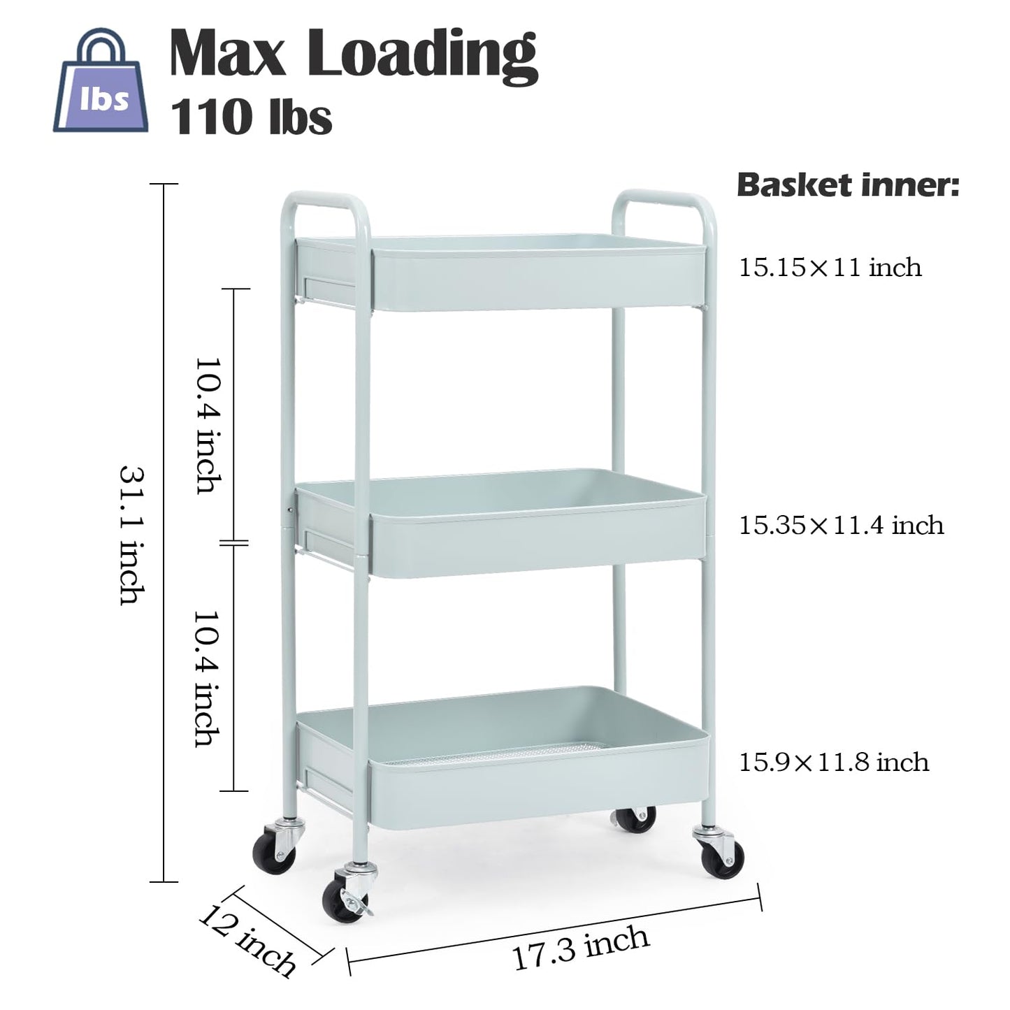 TOOLF 3-Tier Rolling Cart - Metal Utility Storage Organizer with Lockable Wheels, 33 lbs Per Shelf, Tool-Free 5-Min Assembly, for Kitchen Bathroom Office Nursery Craft Room, Green