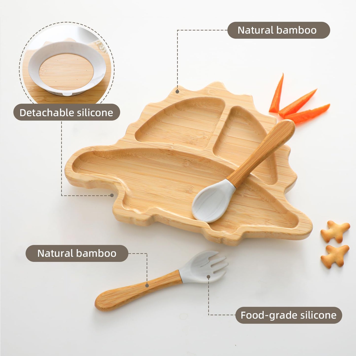 HBM Bamboo Baby Plate Set with Suction - Dinosaur Divided Toddler Dishes with Matching Fork & Spoon | Natural Wood Stay-Put Feeding Set for Infants & Kids (Marble Texture Not Stains)