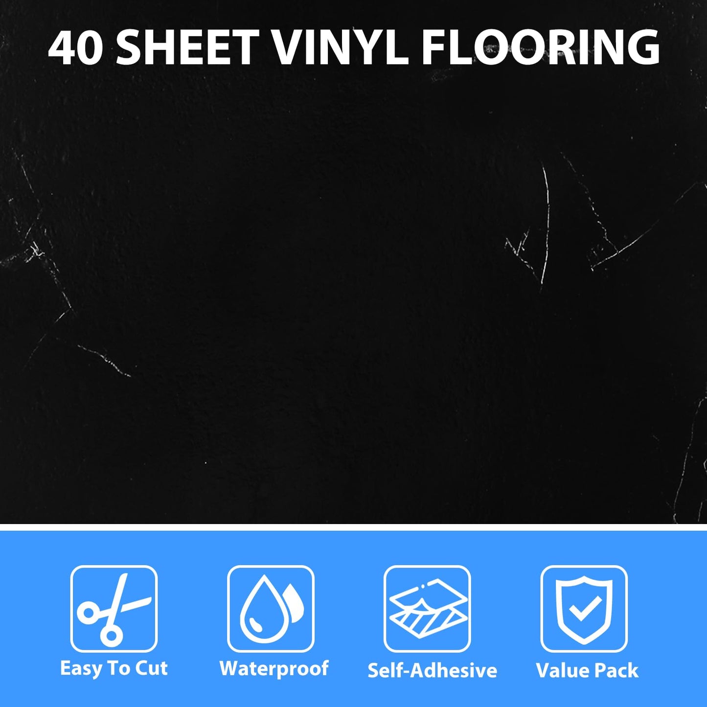 AKOLAFE 40 Sheet Vinyl Flooring 12 x 12 Inch Peel and Stick Floor Tile Waterproof Black Marble Vinyl Floor Tiles Clearance Self Adhesive Floor Tiles Sticky Laminate Flooring Stick on Bathroom Kitchen