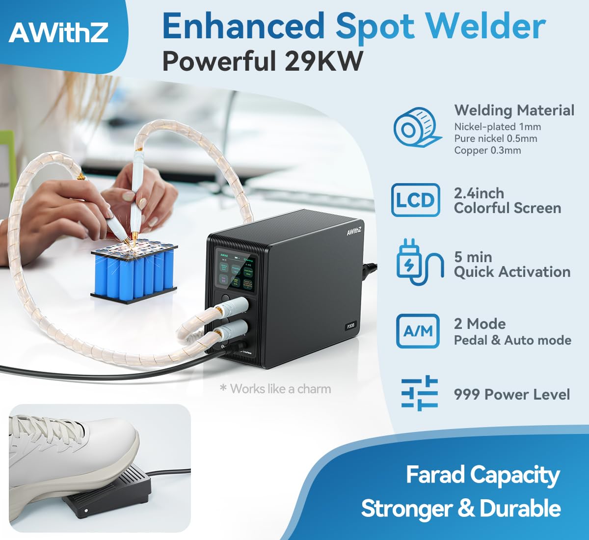 Battery Spot Welder, AWithZ 29.2 KW Capacitor Spot Welder, 2-in-1 Automatic & Foot Pedal Two Modes Battery Farad Welding Equipment for 18650/LiFePO4 Lithium Battery Pack Building (P60F)