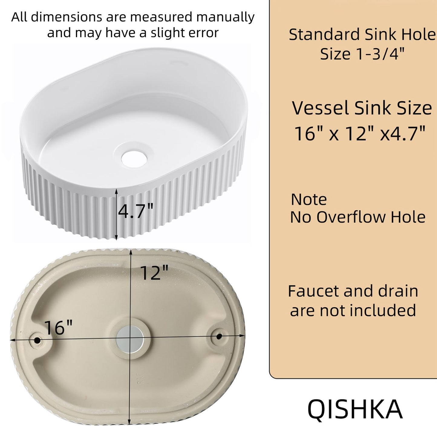 Oval Vessel Sink 16 Inch Above Counter - White Ceramic Countertop Bathroom Sink, 16" x 12" Modern Vanity Art Basin Porcelain Hand Wash Basin
