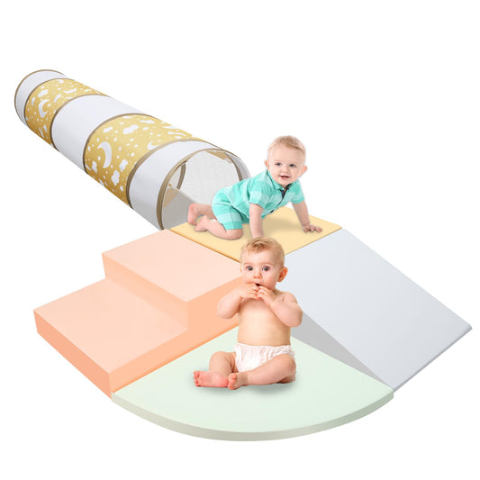 PATAZOK Climbing Toys for Toddlers, 5-Piece Soft Foam Climbing Blocks Set&Crawl Through Tunnel, Toddler Playtime Corner Climber Indoor Foam Play Gym (5-Piece Set&Tunnel)