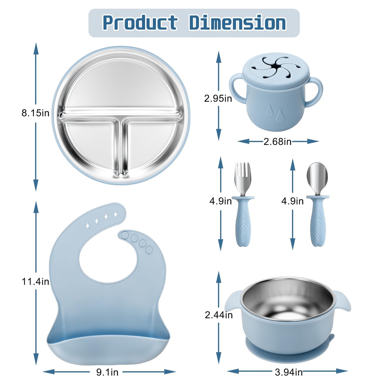 MISSLILI Stainless Steel Kids Plates and Bowls Set with Suction, Divided Baby Plate and Toddler Bowl with Removable Silicone Suction,Stainless Steel Weaning Bundle, Silicone Baby Feeding Set (Blue)