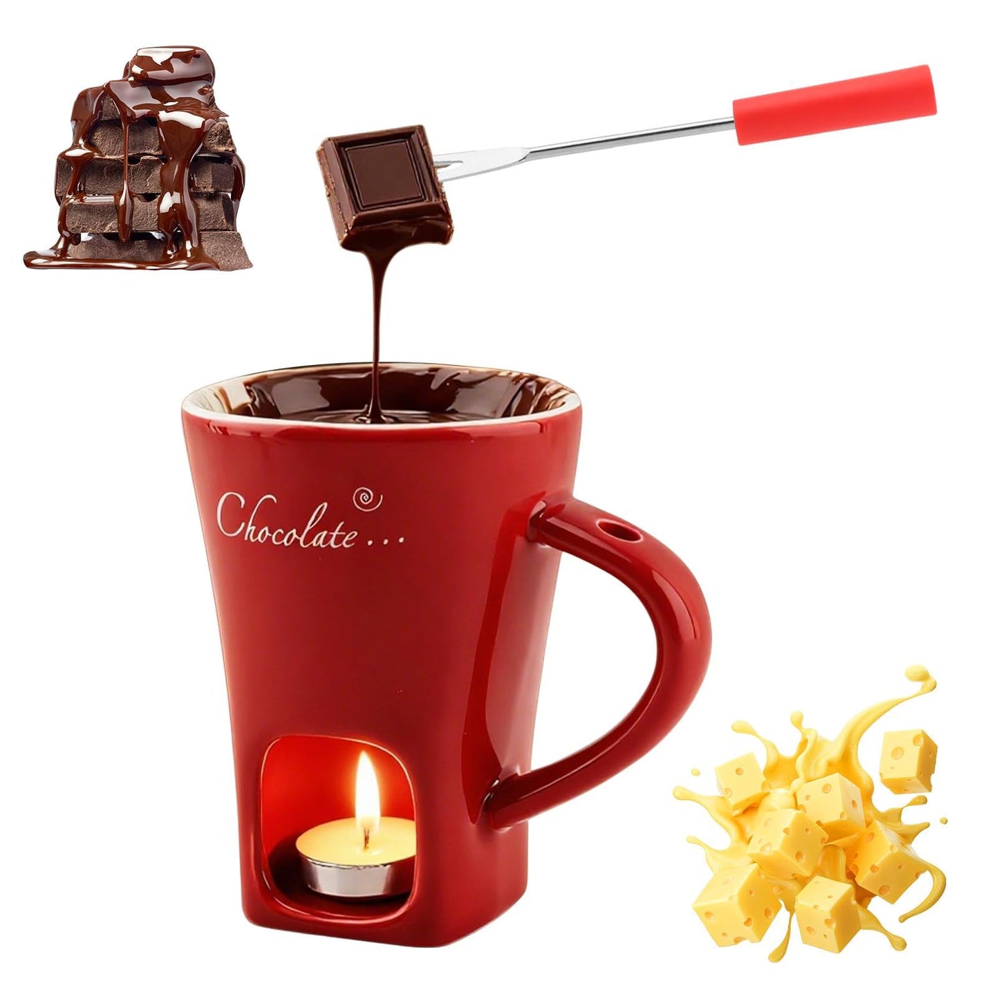 Chocolate Fondue Cup,Chocolate Fondue Mug with Fork and Candle,Ceramic Chocolate Melting Cup for Birthday Date Night Birthday Wedding Gifts (11.5 * 5.5 * 8.5cm,COLOR:Red)