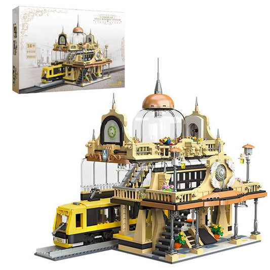 Wyiauy European Style Railway Station Architecture Building Set,Steampunk Railway Station with LED Light Building-Bricks Set 1945 Pieces for Adults and Teens