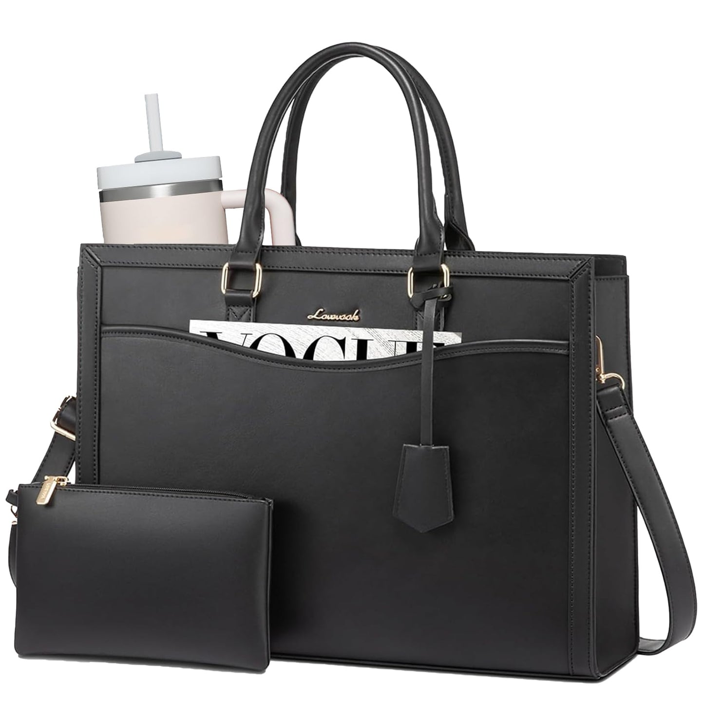 LOVEVOOK Laptop Tote Bag for Women, Leather Office Work Bag Briefcase fit for 15.6 inch Laptop, Large Teacher Computer Bag Handbag,2pcs Set Leather/Black