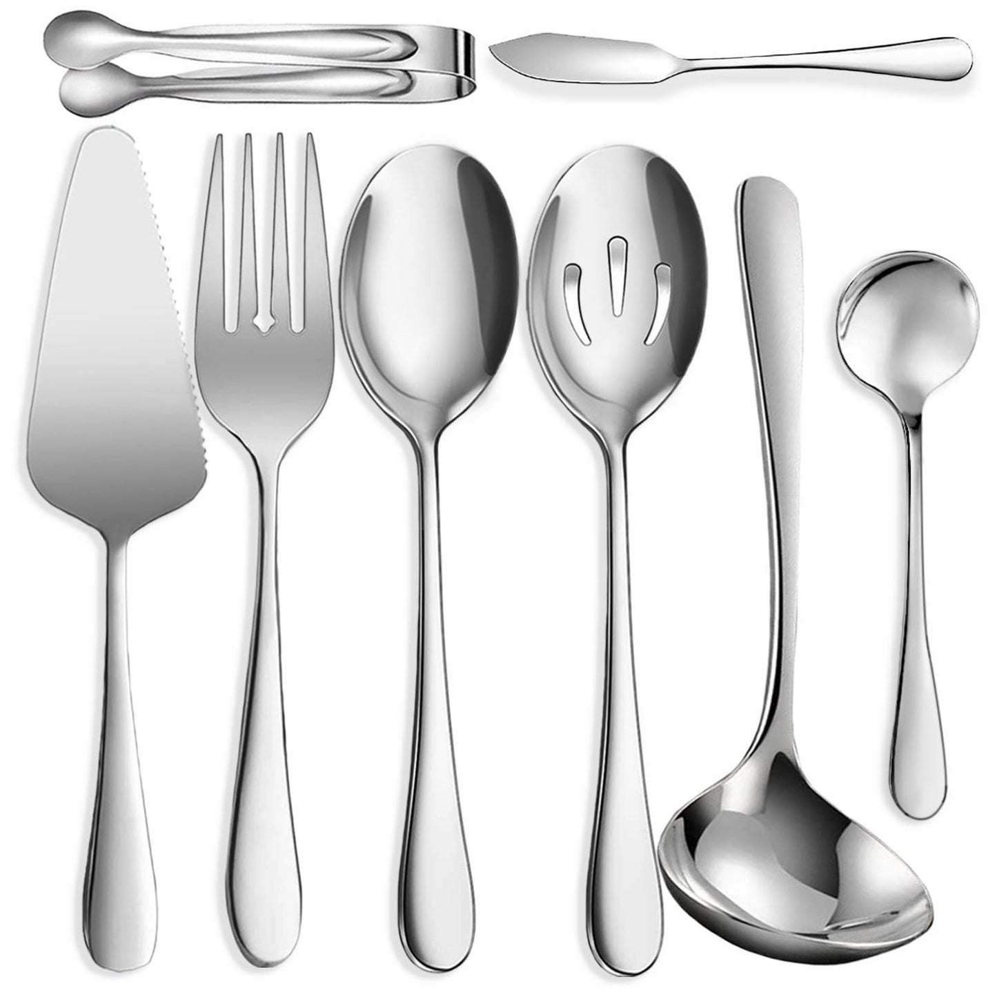 IAXSEE 8 PCS Stainless Steel Serving Utensils, Large Serving Spoons Slotted Spoons, Forks, Ice Suger Tongs, Cake Server, Soup Ladle, Metal Utensils Set Great for Buffet Catering Banquet Party, Silver