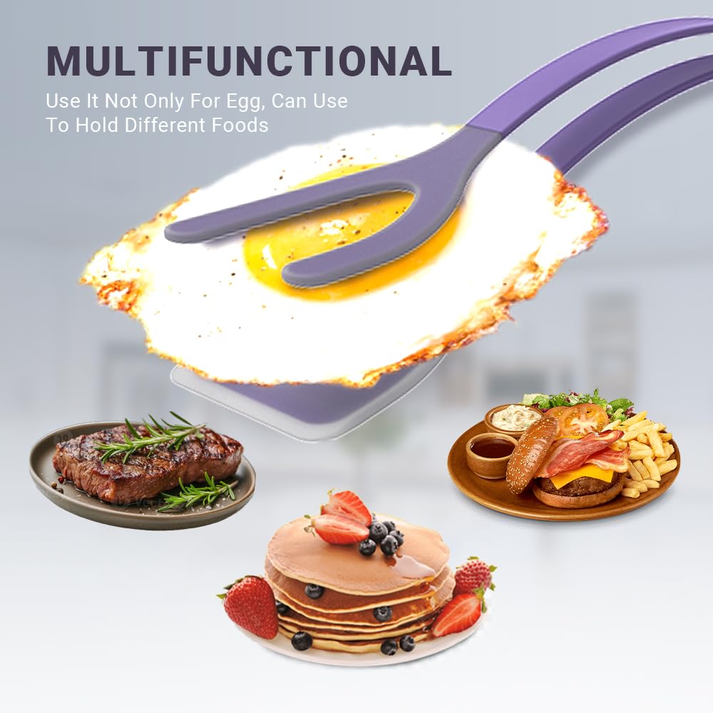 ZONZEST Silicone Egg Flipper Spatula Tongs (Set of 1) – Non-Stick 2-in-1 Grip & Flip Kitchen Tongs for Pancakes, Fish, Eggs, and More – Heat Resistant Cooking Tool (Black) (Purple)