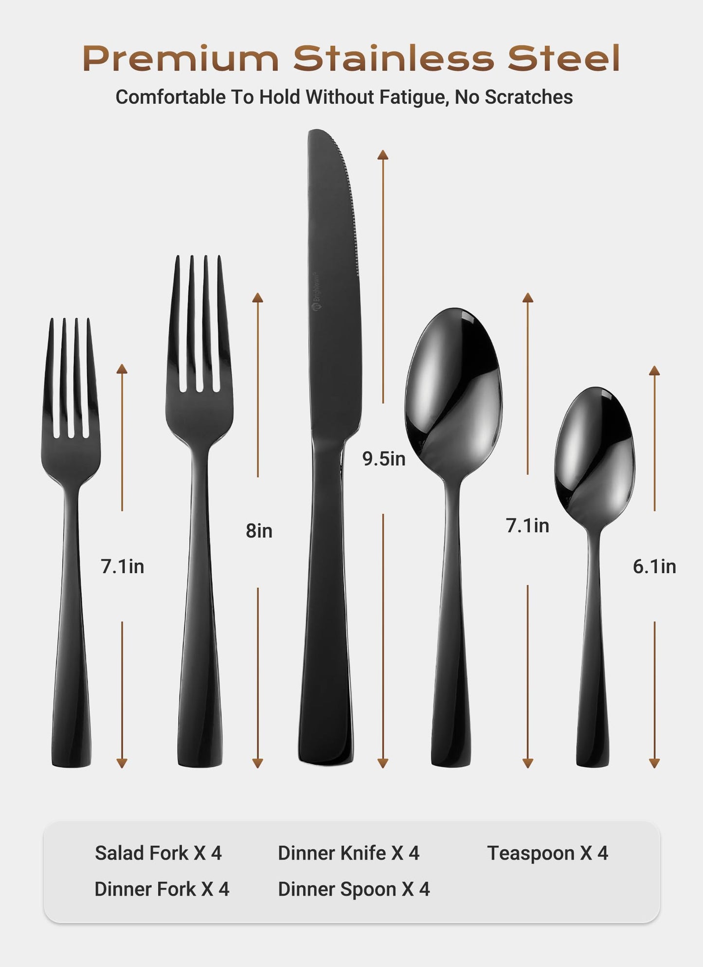 Black Silverware Set, 20-Piece Flatware Set Service for 4, Durable Stainless Steel, Mirror Polished Tableware Eating Cutlery Set, Kitchen Utensils Set with Steak Knives, Dishwasher Safe