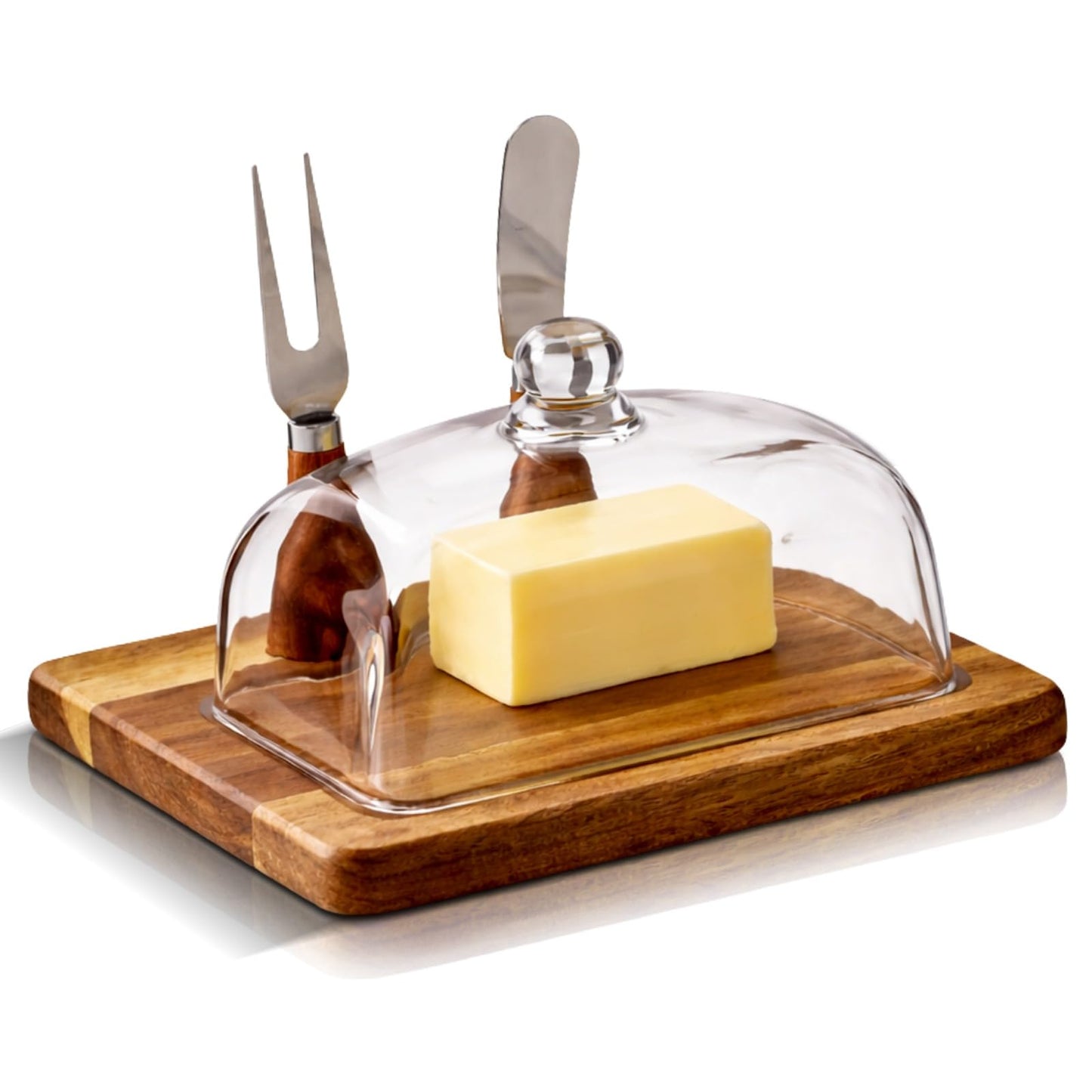 Butter Dish with Lid and Knife Set - Elegant Glass Butter Dish for Countertop – Wooden Base Butter Holder - Large Butter Dish with Lid for 8oz Sticks, Cheese, & Fruit
