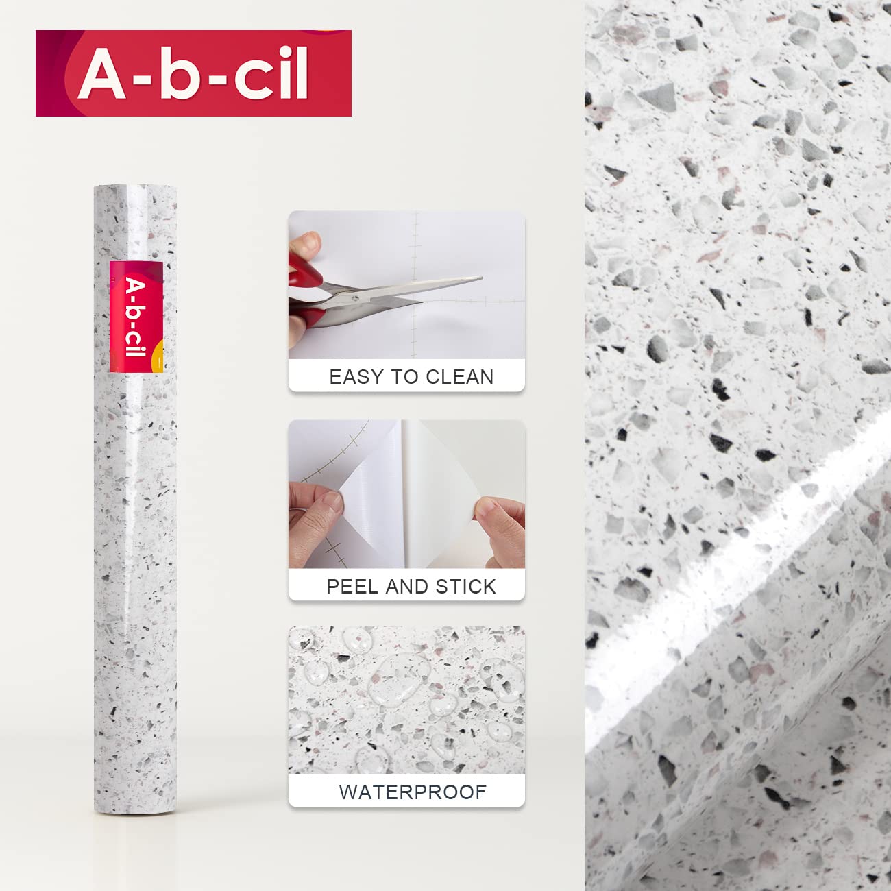 A-b-cil Gray White Terrazzo Contact Paper 88" X 16" Granite Contact Paper for Kitchen Counter Top Peel and Stick Countertop Adhesive Wallpaper for Cabinet Desk Dresser Top Table Covers Stains
