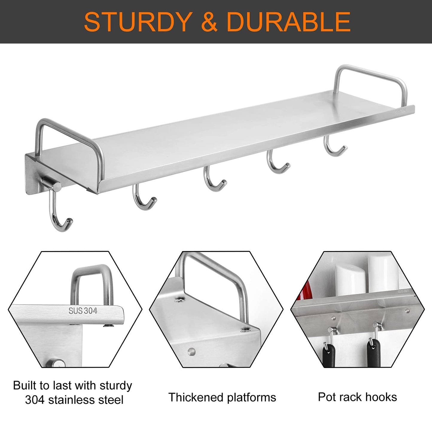 Audmore Kitchen Utensil Rack, Spice Rack with Hooks Wall Mount, Over the Stove Shelf, Stainless Steel, Hanging Storage Wall Shelf for Spatula Spoon, Seasoning Jar Organizer