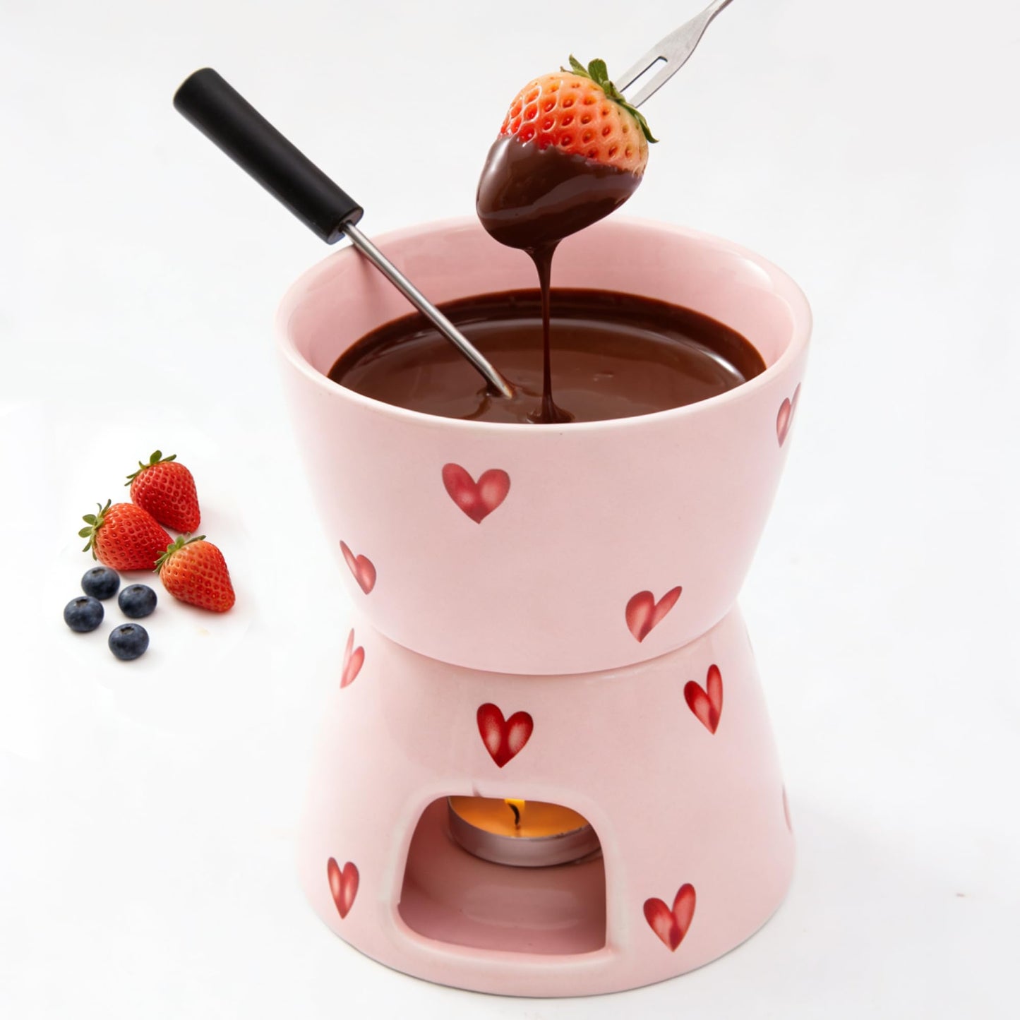 YumiPLUS Sweet Cheese Fondue Cup with 2 Dipping Forks, Ceramic Chocolate Melting Cup Set, Individual Fondue Mug for Dessert, Small Chocolate Melter for Dating/Anniversary/Gift/Valentine (Pink)