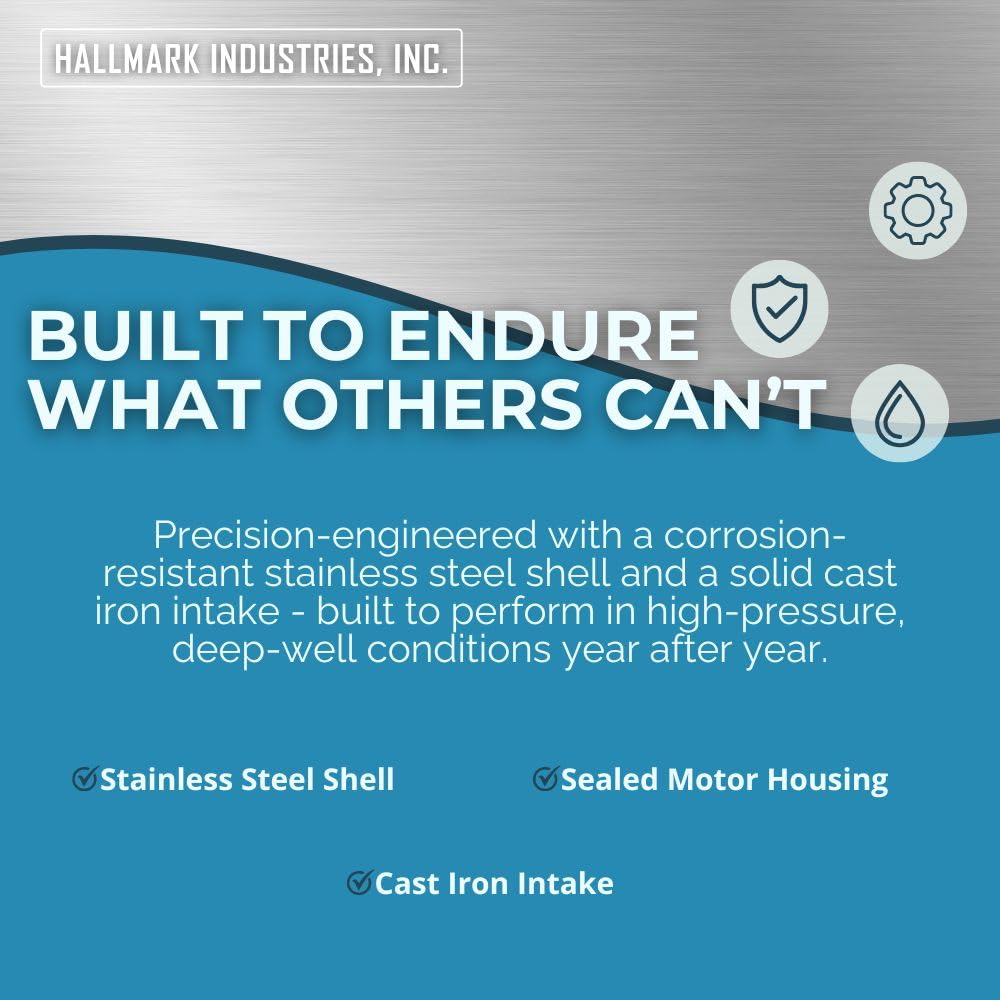 Hallmark Industries MA0343X-4A Deep Well Submersible Pump, 1/2 hp, 230V, 60 Hz, 25 GPM, 150' Head, Stainless Steel, 4"