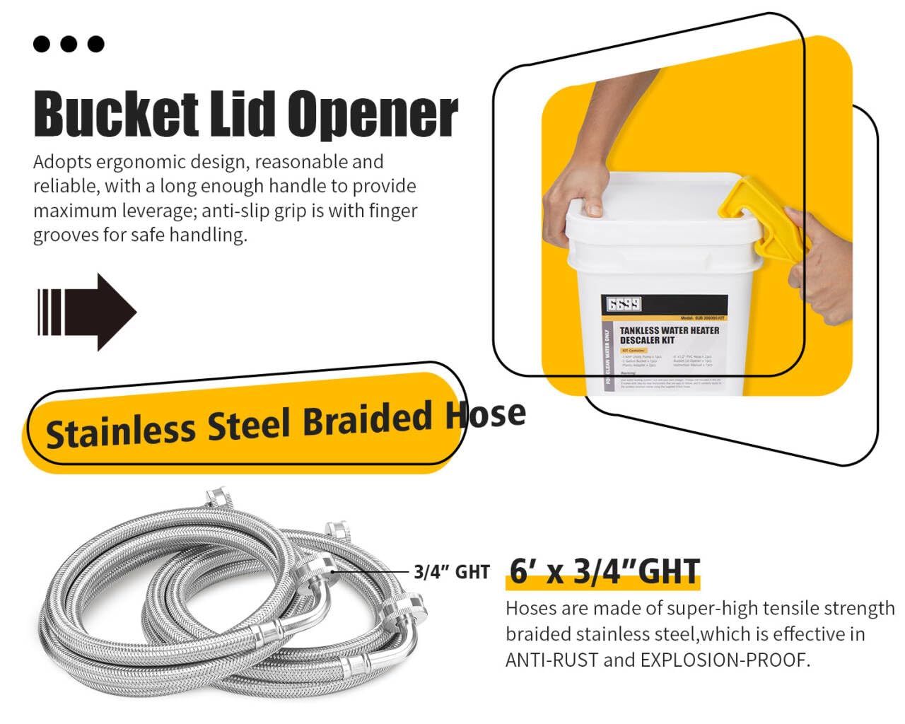 6699 Tankless Water Heater Flushing Kit Includes 1/3HP Stainless Steel Sump Pump with Two Adapters & 3 Gallons Pail with Bucket Lid Opener & Two 1/2” Dia X 6’ Hoses with Washers