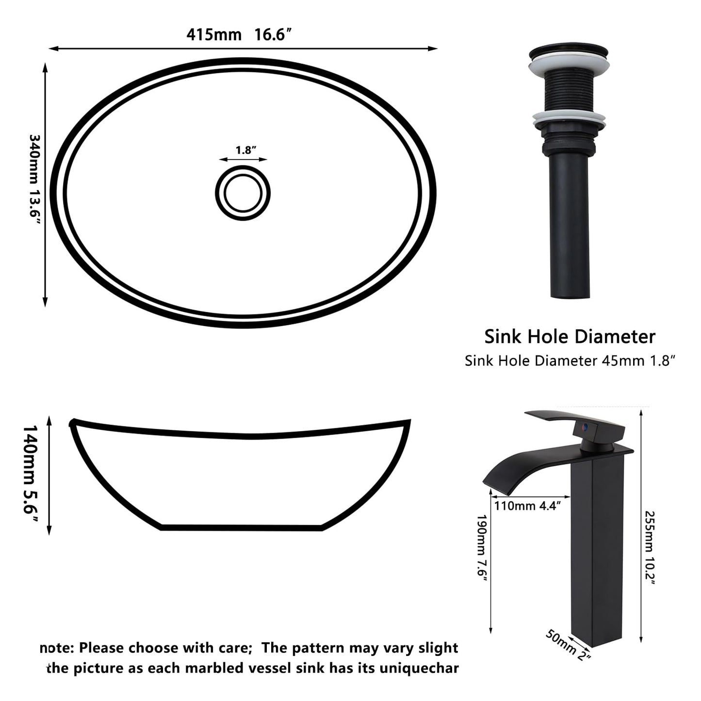 Sinku Mccut Ceramic Vessel Sink Oval Black Above Counter Bathroom Vessel Sink with Faucet and Drain Combo Marbling