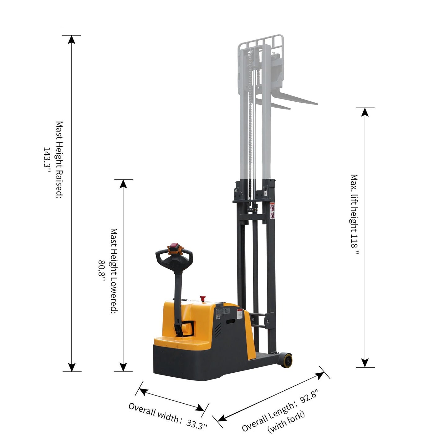 Apollo Counterbalanced Stacker Full Electric Material Lift 2200 Lb. Capacity, 118" Lifting Height Powered Hydraulic Lifter with Straddle Forks Suitable for All Kinds of Pallets