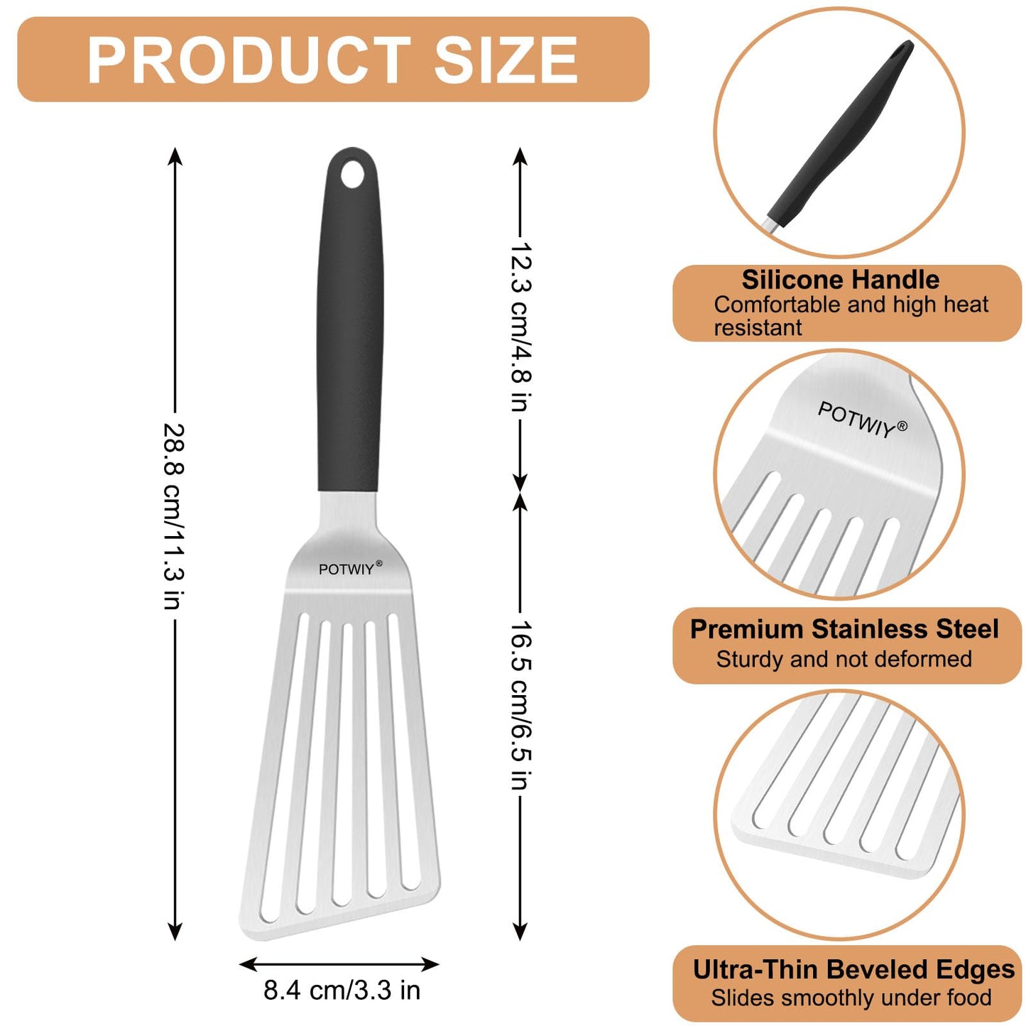 POTWIY Fish Spatula Stainless Steel, 11.3" Slotted Fish Turner with Silicone Handle, Small Metal Spatula for Cast Iron Skillet, Kitchen Cooking Flipper for Egg, Burger, Pancake