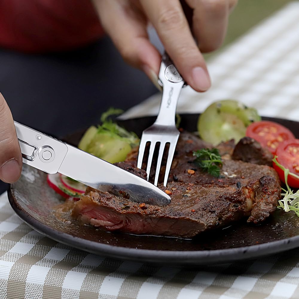 Roxon C3 Camping Utensil Folding Cutlery 2 in 1 Detachable EDC Tool with Fork & Knife for Outdoor, Camping, Hiking, Easy to Carry Tableware