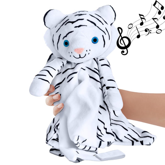 Love By Emi 4 in 1 Baby Lullaby Sleep Soother Toy - Stuffed Animal Sound Machine & Pacifier Holder | Heartbeat White Noise & Music | Plush White Tiger Lovey Sleep Aid Security Blanket (0-3 Years)