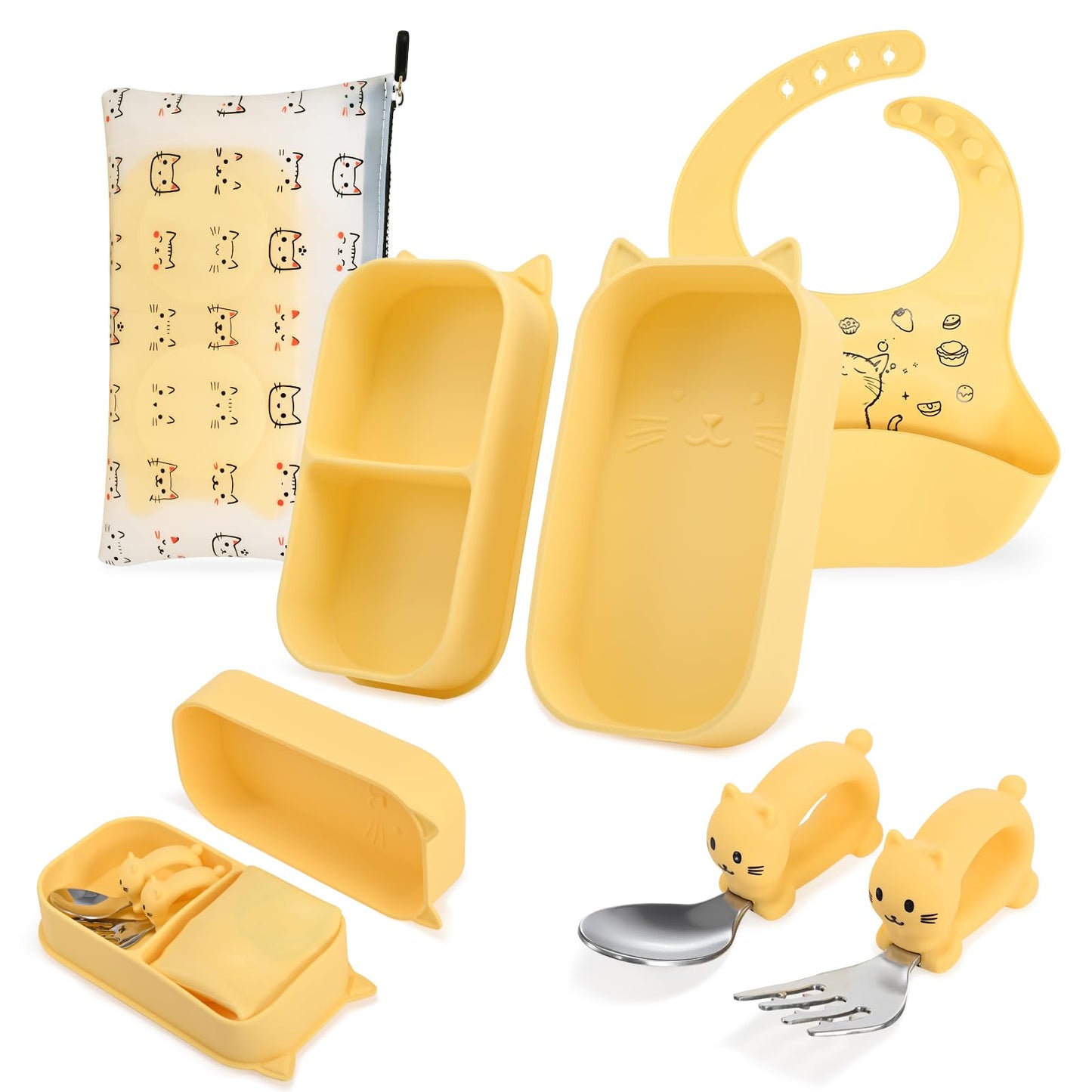 Mossora Portable Baby Plates with Suction, 6Pcs Travel Silicone Feeding Set for Toddlers, Foldable, Non-Slip Dishwasher Safe Plates & Utensils, BPA Free, Cat Design Gift Ready(Pale Yellow)