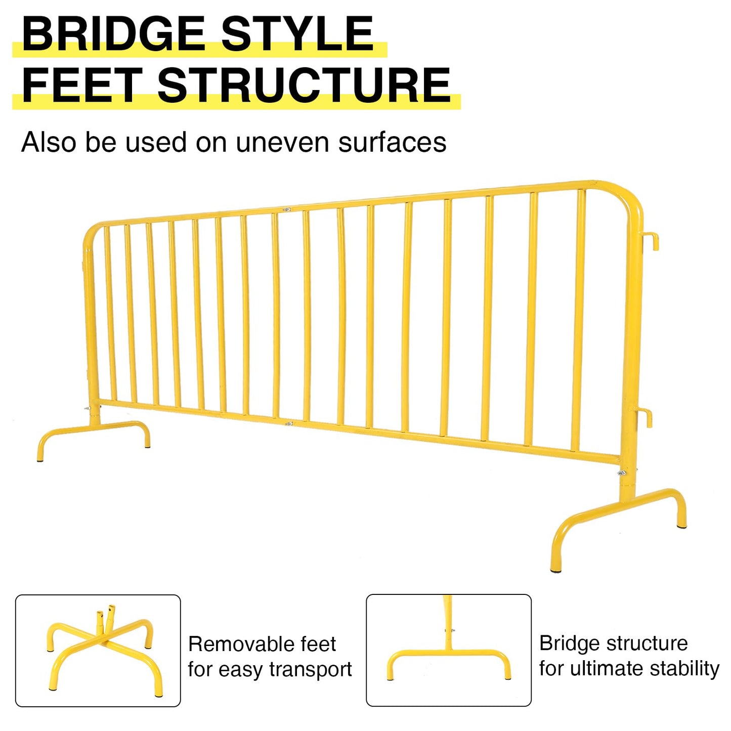 2 Pack Interlocking Steel Barricade, 6.5 ft. Heavy-Duty Metal Barricade with Removable Bridge Feet, Tool-Free Assembly, Rust-Proof Powder Coated, for Outdoor Event Crowd Control and Construction