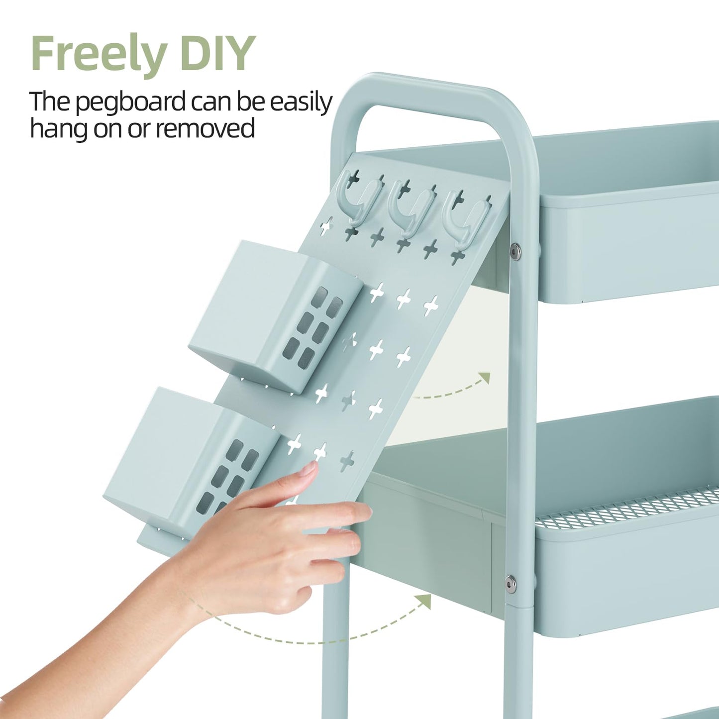 TOOLF Metal Rolling Storage Cart, 3-Tier Utility Mobile Cart with DIY Pegboards, Serving Trolley Cart with Baskets Hooks, for Kitchen, Bathroom, Office, Home, Classroom (Mint Green)