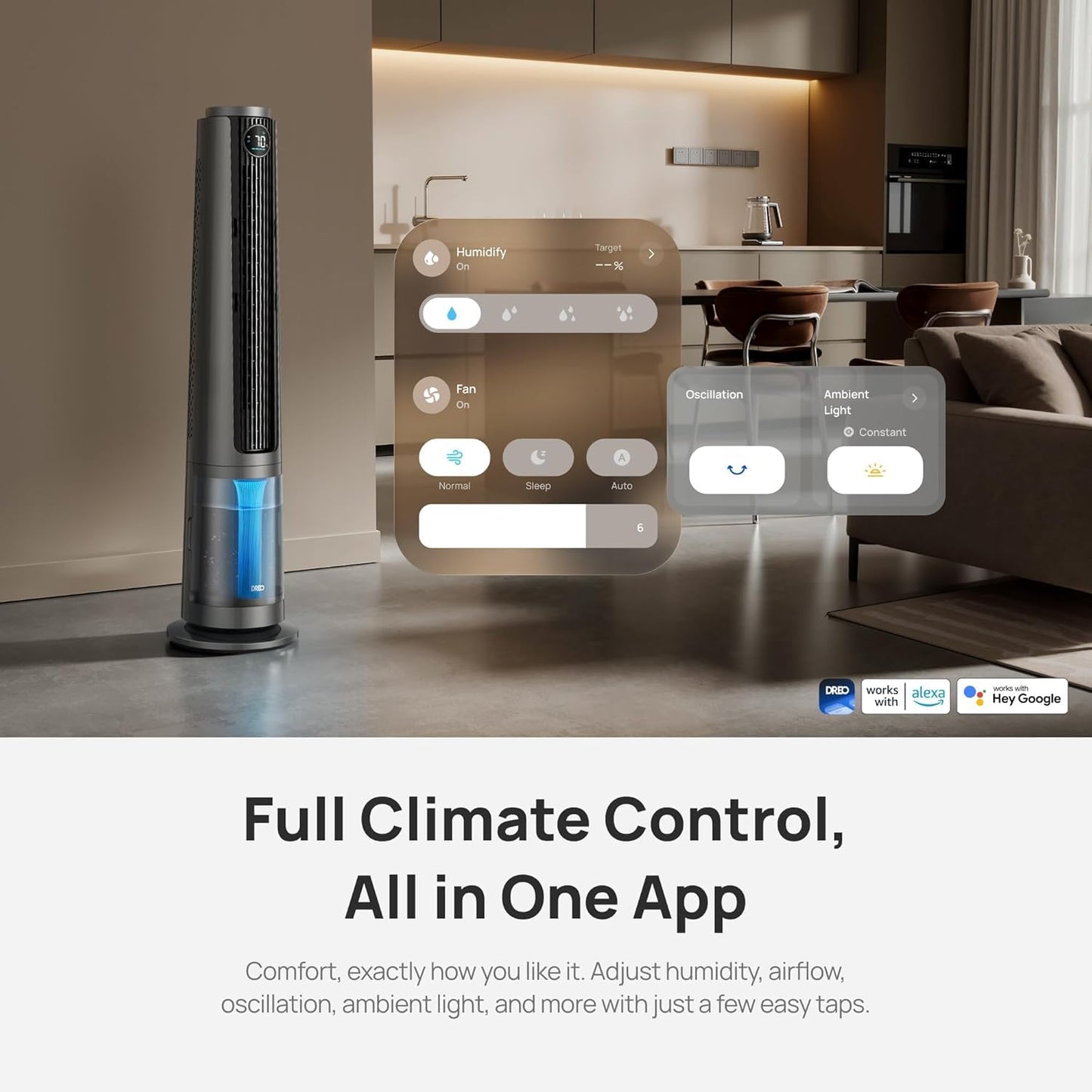 DREO TurboCool Misting Fan 765S, Tower Fans that Blow Cold Air, 10°F Cooling, 34ft/s Fast Standing Fan, 6L Tank, 20 dB Quiet DC Motor, 90° Smart Oscillating Fan with 12 Speeds, 4 Modes for Home, Grey