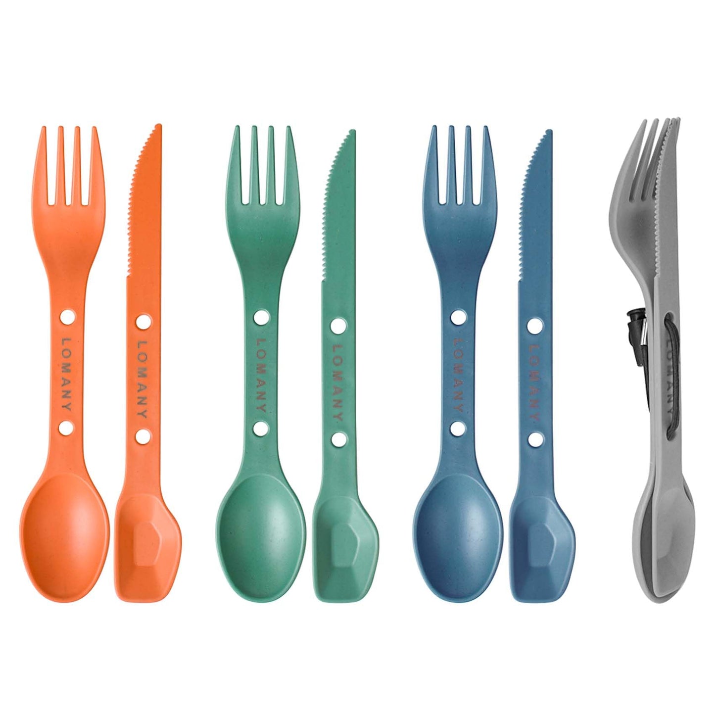 Loyzcy Reusable 4-in-2 Combo Camping Utensil Set, 4 Sets Spoon-Fork-Knife Travel Utensils, Portable Plastic Cutlery Backpacking Gear for Lunch Hiking Outdoor Survival (Green, Orange, Blue, Grey)