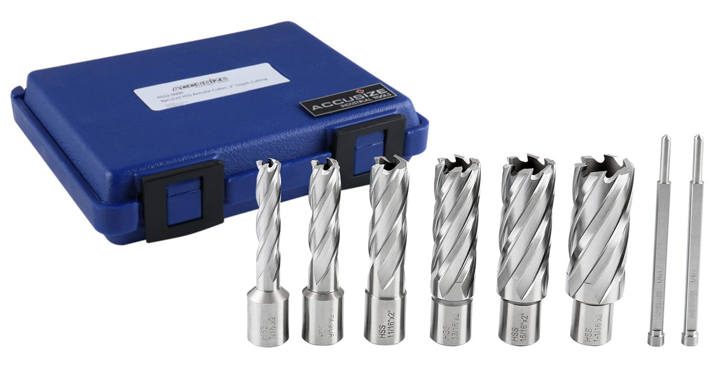 Accusize Industrial Tools H.S.S. Annular Cutter Set, 2'' Cutting Depth, 7/16'' - 1-1/16'' Slugger Cutter, 8 Pcs/Set, HSS2-0000