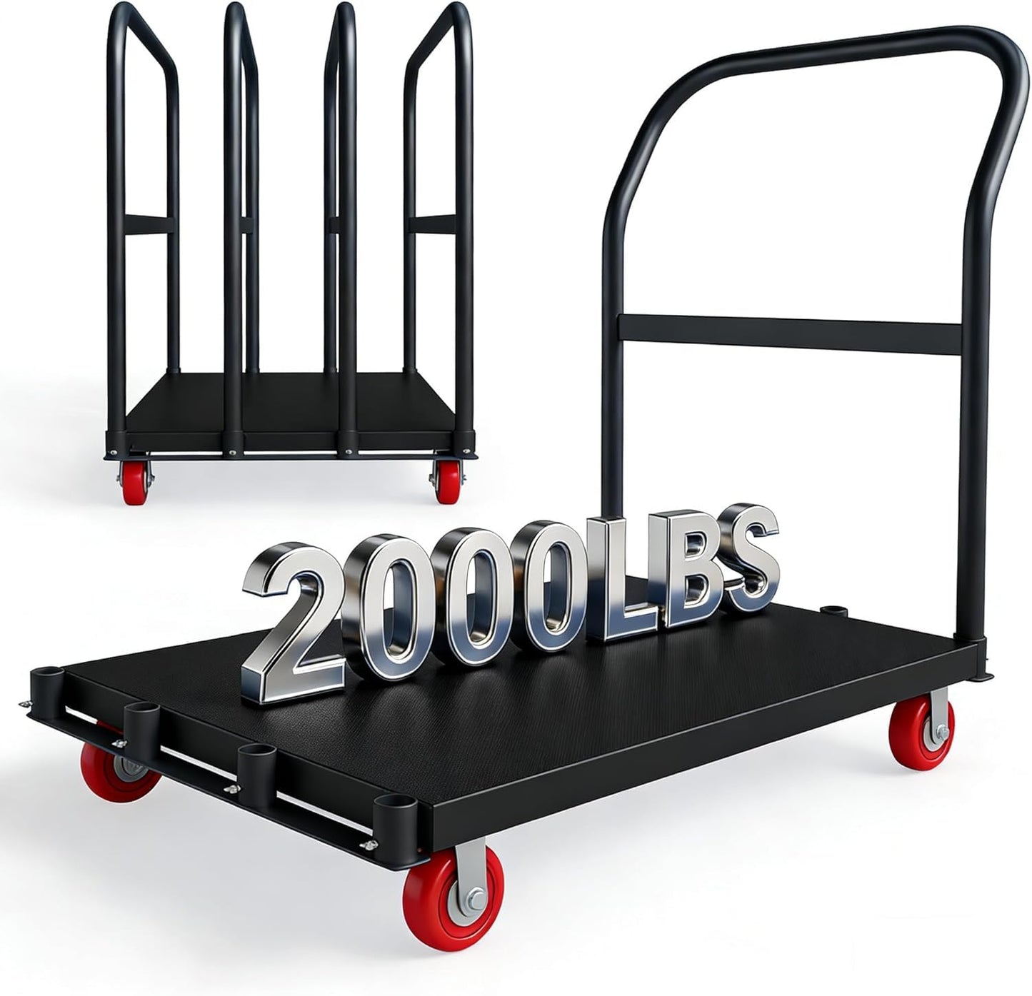 2000 Lbs Heavy Duty 2-in-1 Platform Truck, Q235 Thickened Steel Flatbed Hand Truck, Foldable Push Cart Dolly with 4 Swivel Wheels (2 with Brakes), for Warehouse, Workshop, Moving and Industrial Use