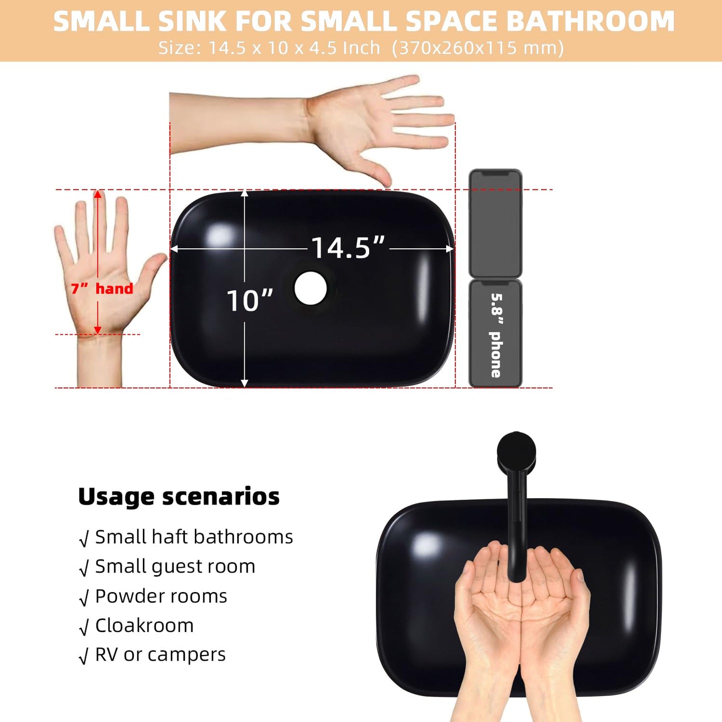 MAISINK Black Vessel Sink 14.5"x10" Small Bathroom Sink Above Counter 14 Inch Black Ceramic Porcelain Small Vessel Sink Bowl for Vanity Wash Basin
