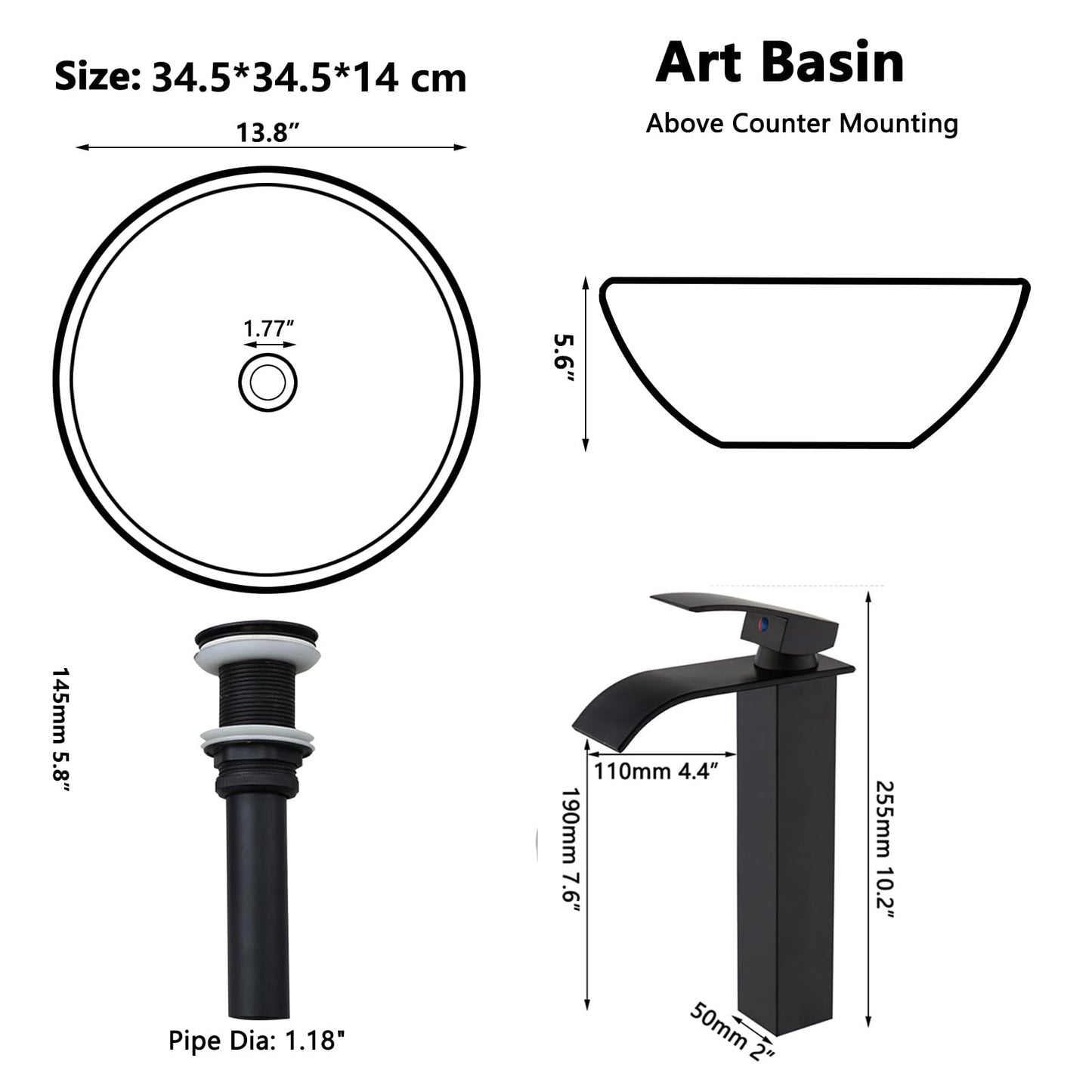 Zoyueyu 14 Inch Black Round Bathroom Vessel Sink with Waterfall Faucet and Pop-Up Drain Combo,Ceramic Vessel Sink Above Counter Round Bathroom Sink Bowl,Small Sink for Bathroom