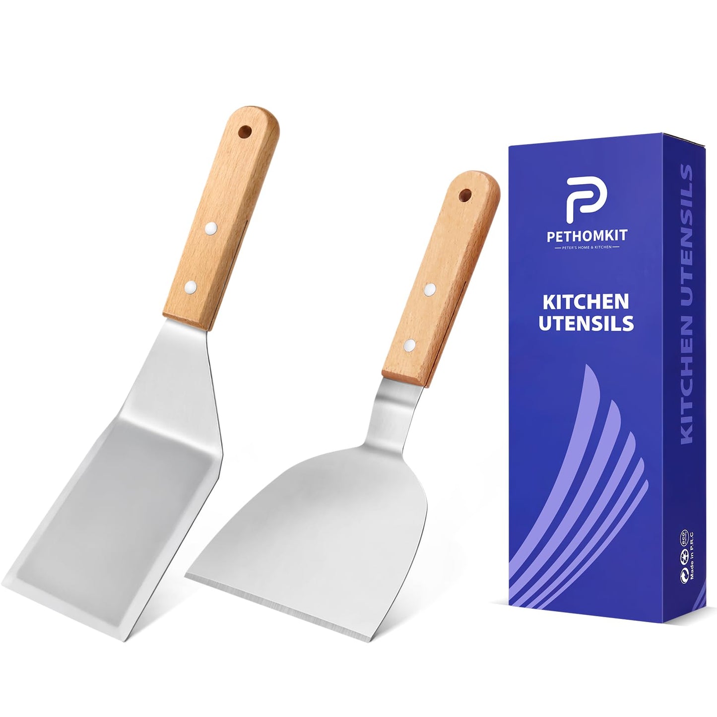 Metal Spatula Set,Fish Griddle Spatulas,Stainless Steel Spatula Turner with Wooden Handle,Small Wide Beveled Edges Spatulas Flippers for Cast Iron Skillet, Pancake, Egg, Burger, Omelet, 2 Pack