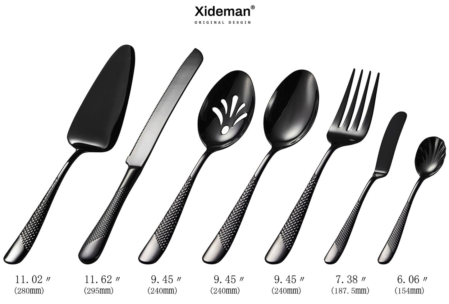 Xideman® 7-Piece Hammered 18/10 Stainless Steel Silverware Serving Utensil Set - Hostess Flatware with Cake Knife & Cake Server (Black)