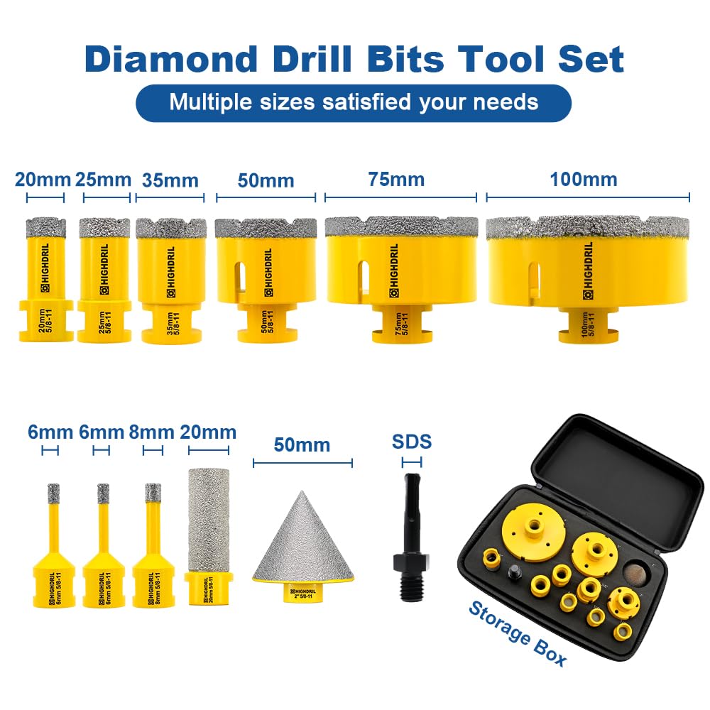 HIGHDRIL Diamond Hole Saw Kit - 6/6/8/20/25/35/50/75/100mm Drill Bits and HIGHDRIL 3" 75mm Circular Saw Blade Set 4pcs - Diamond/HSS/Carbide Cutting Disc