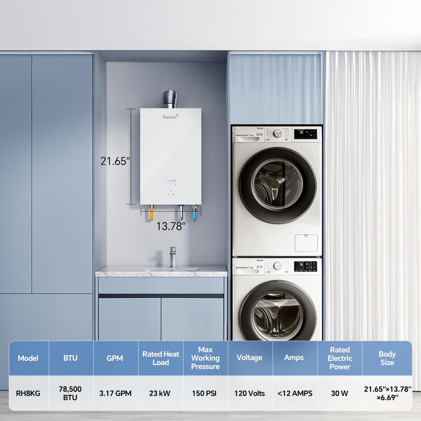 GEN II Ranein Natural Gas Tankless Water Heater, 3.17 GPM, 78,500 BTU Glass Panel Design Indoor On Demand Instant Hot Water Heater with LED Temperature Control Panel