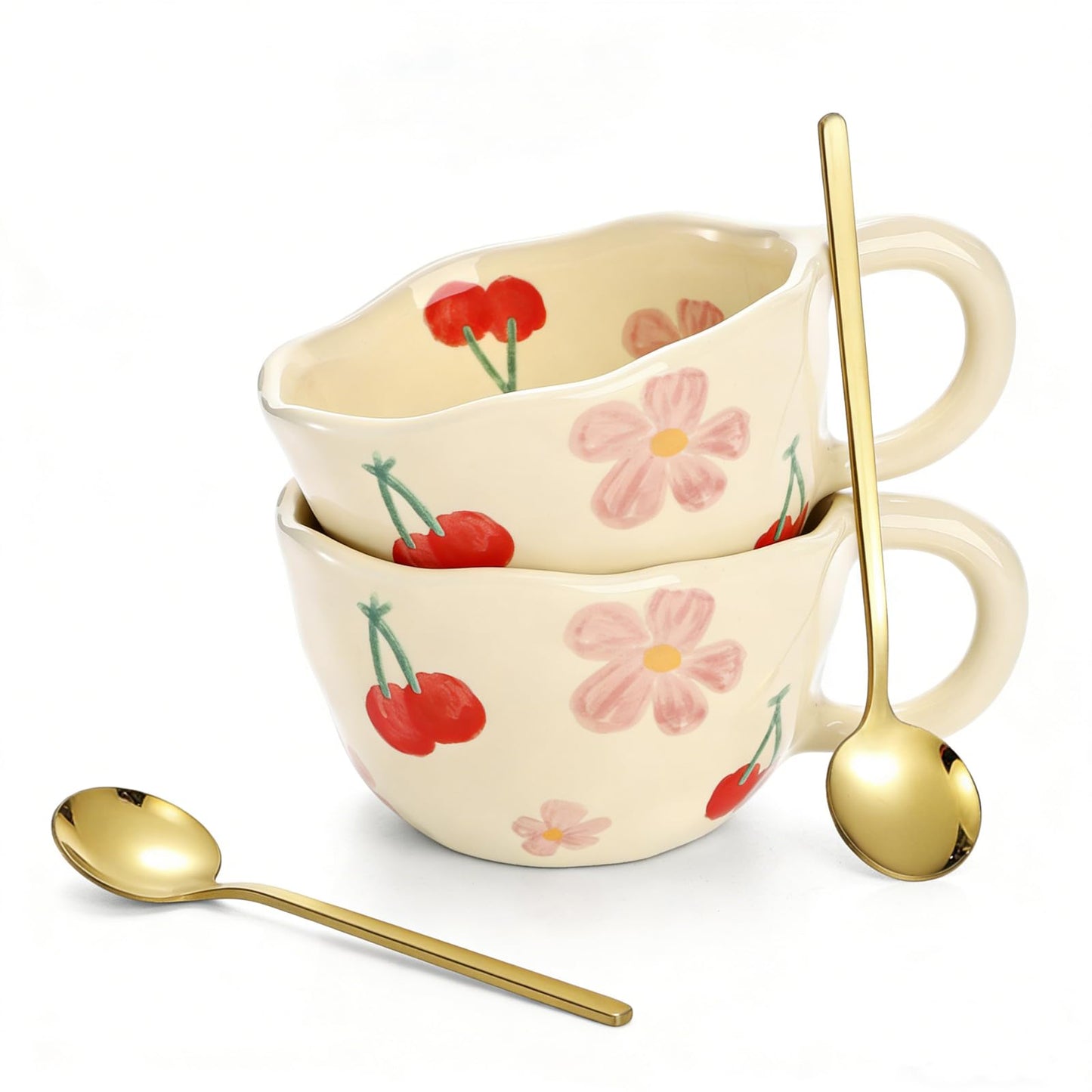 Yopay 2 Pack Ceramic Coffee Mug with Spoon, 8oz Handmade Hot Chocolate Mugs, Cute Cup for Girl Microwave Safe, Aesthetic Tea Milk Cup with Handle for Latte, Cocoa, Gift, Mom(Cherry flower)