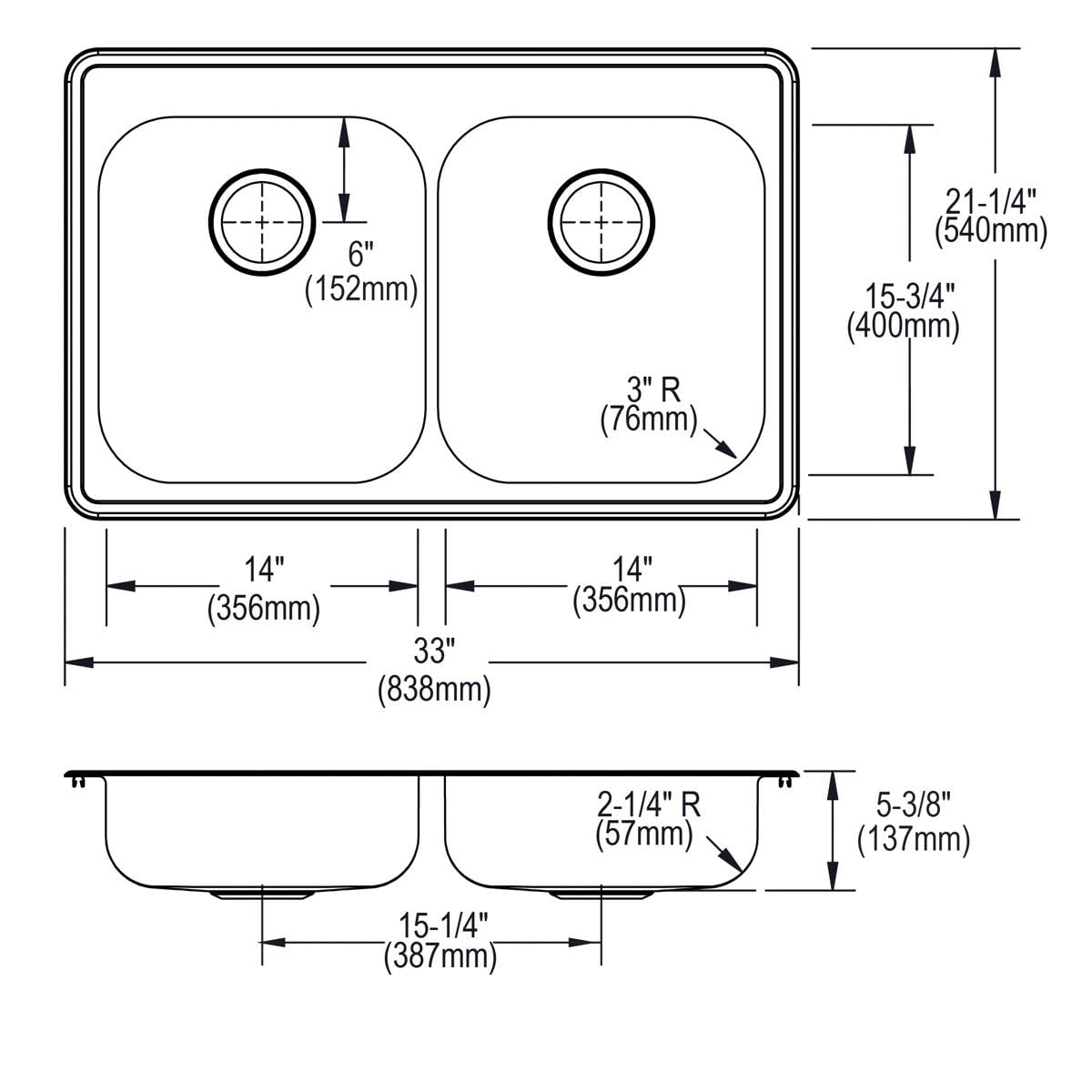 Dayton GE233211 Equal Double Bowl Drop-in Stainless Steel Sink