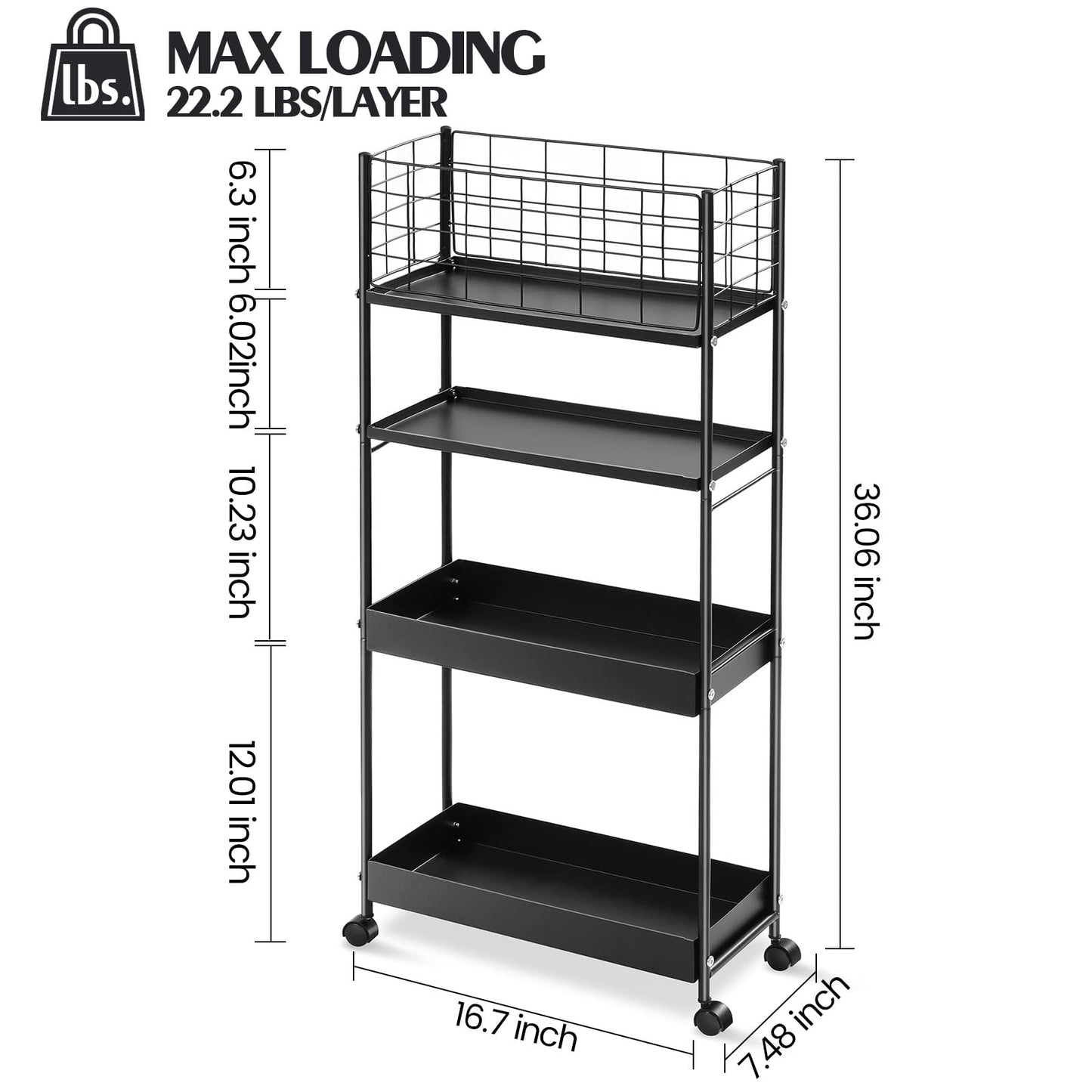 KINGRACK Slim Storage Cart, 4-Tier Metal Utility Rolling Cart with Wheels,Bathroom Organizer, Skinny Rolling Trolley, Mobile Shelving Unit for Office, Laundry Room, Narrow Place, Black