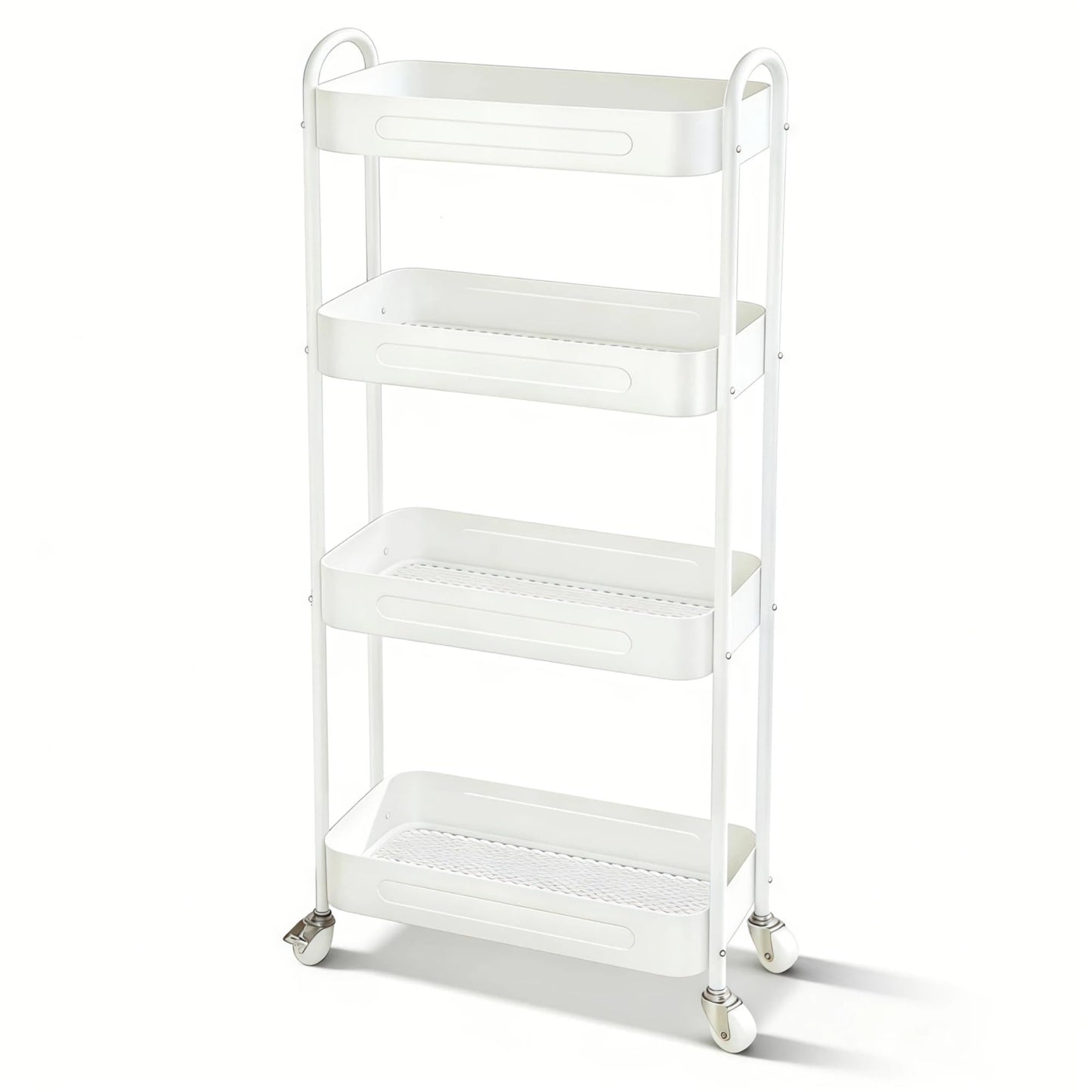 LIWNYRK 4 Tier Slim Kitchen Storage Cart for Narrow Space, 7.1'' Wide Metal Rolling cart with Wheels and Lockable Casters, Sturdy Mobile Thin Shelf for Laundry Room Between Washer and Dryer, White