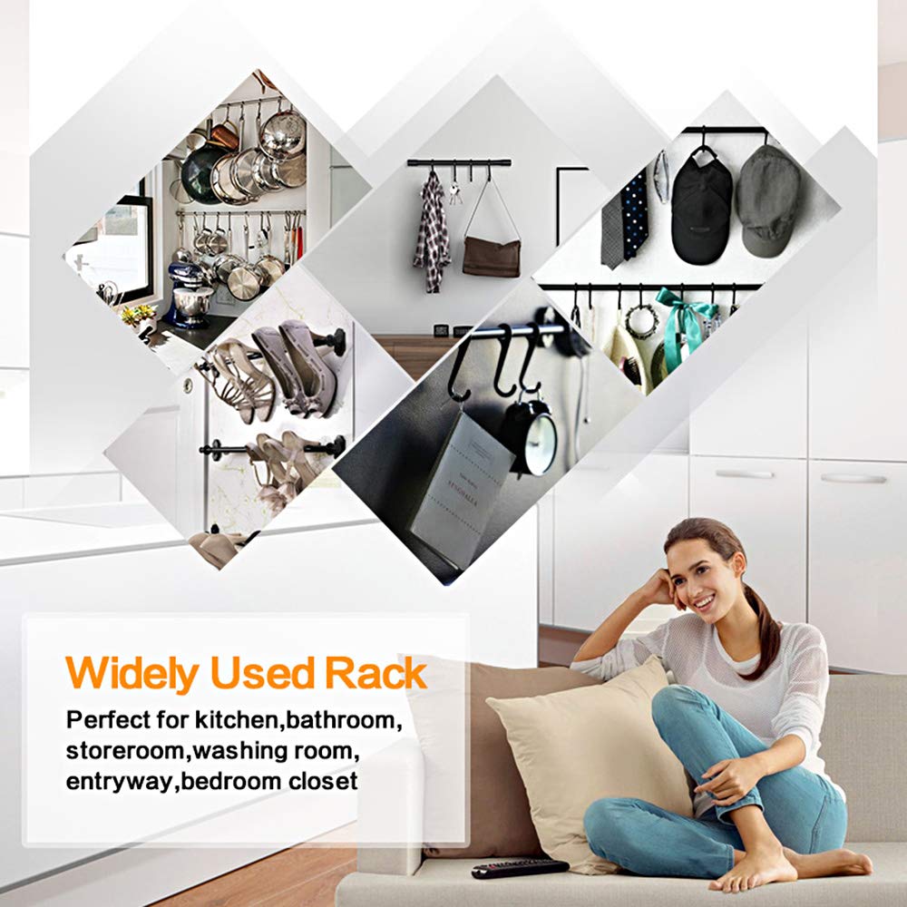 KAIYING Kitchen Utensil Rack with Removable S Hook for Hanging Pots and Pans, Rod Hooks for Mugs, Wall Mounted Kitchen Rail Organizer, Aluminum,(Black-5 Hooks)