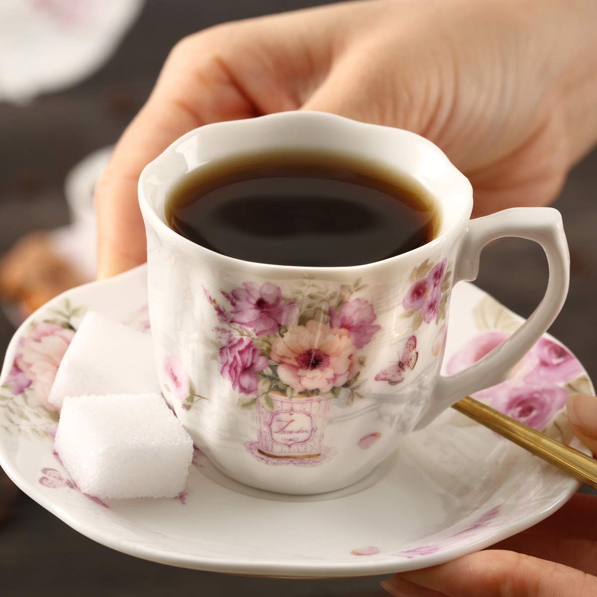 GuangYang 2.5 oz Porcelain Espresso Cups and Saucers Set – Floral Design, Purple Pattern – Gift-Ready, Elegant Mini Coffee Set of 6 for Home or Gifting