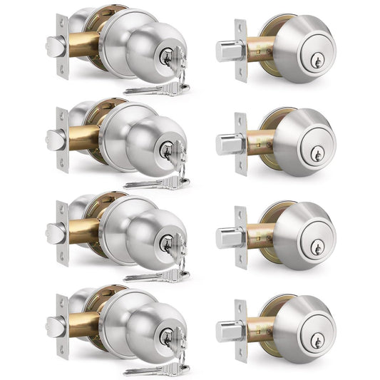 Brotima 4 Pack Keyed Entry Door Knob and Single Cylinder Deadbolt Combination Set in Satin Nickel, Keyed Alike Exterior Knob Door Handle and Deadbolt Lock and Key, Round Locking Lever Handle Set