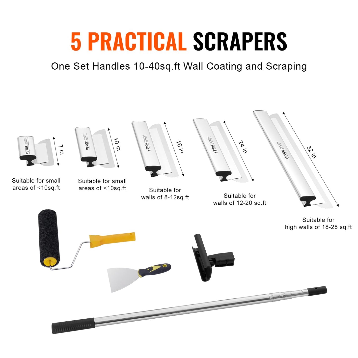VEVOR Drywall Skimming Blade Set, 7/10/14/16/24 in Skimming Blades + 34-81.6 in Extension Handle Pole, Stainless Steel Knife Professional Skim Coat Tools, for Gyprock/WallBoard/Plasterboard