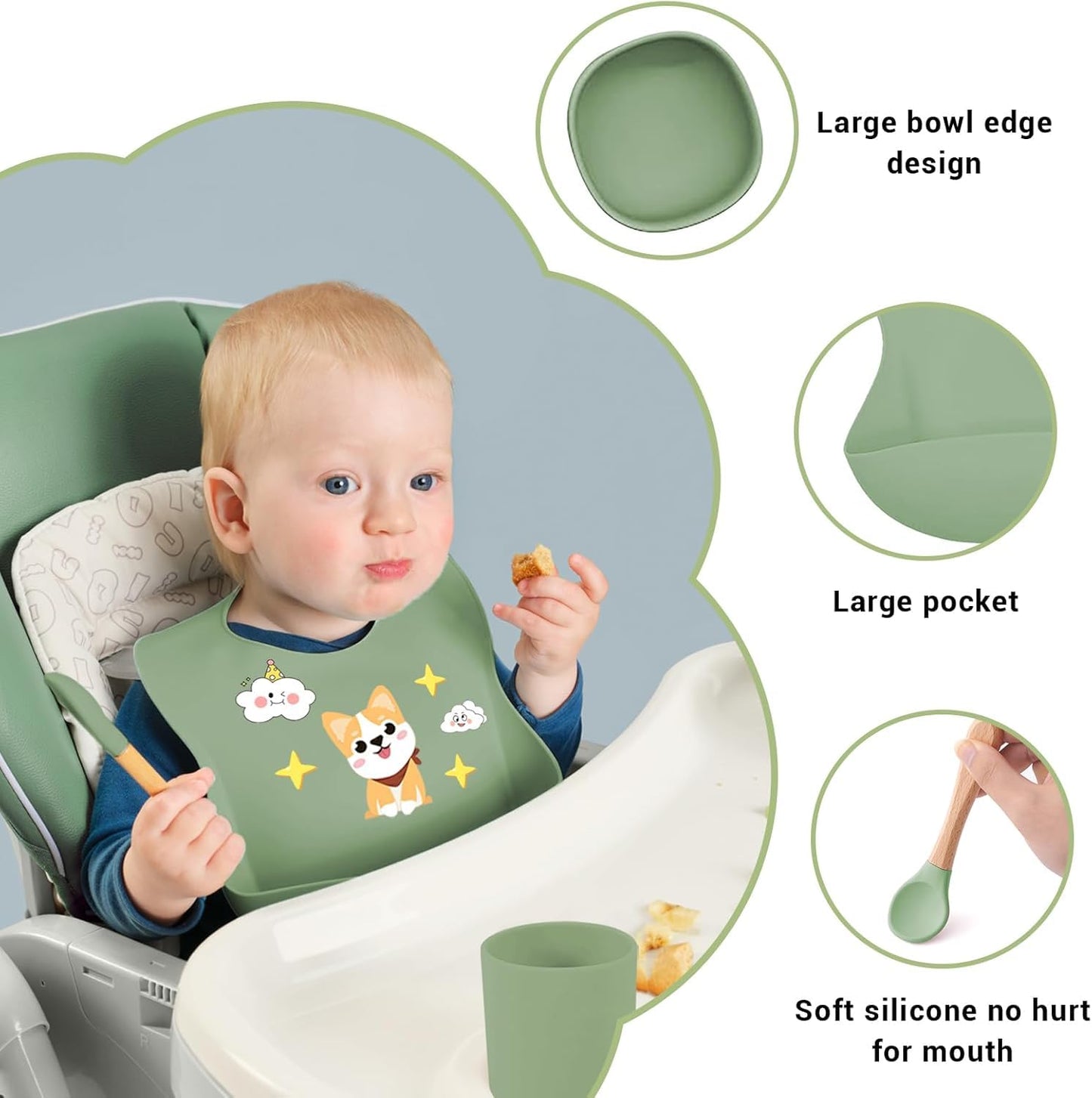 9PCS Silicone Feeding Set for Baby Led Weaning - Non Toxic Food Grade Suction Plates & Bowls, Soft Silicone Bibs with Pocket, Self Feeding Spoons & Utensils for 6-36 Months Infants Toddlers, Dishwashe